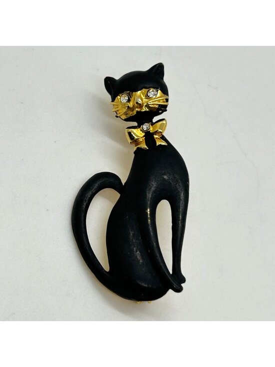 Eatate Jewelry - Vintage Black Matte Enamel Siamese Cat Brooch With Gold-Tone Rhinestone Bow